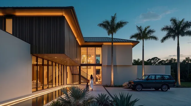 Florida luxury home at dusk with palms and pool