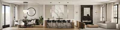 Open-plan kitchen and living interior panorama